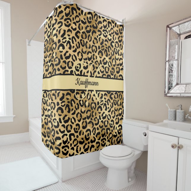 Monogram Name Black Gold Leopard Print Cheetah  Shower Curtain (In Situ)