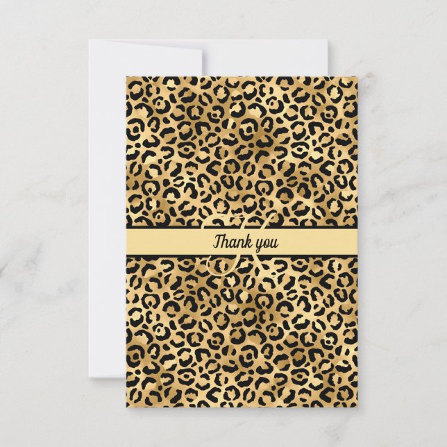 Monogram Name Black Gold Leopard Print Cheetah Thank You Card (Front)