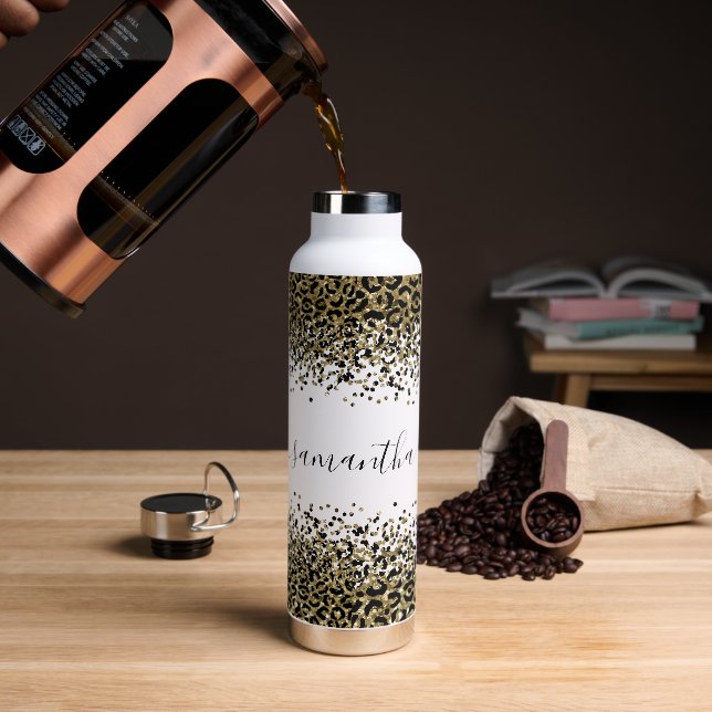 Monogram Name Black Gold Leopard Print Chic Trendy Water Bottle (Coffee)