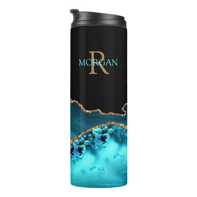 Monogram & Name, Black Gold & Teal Agate Thermal Tumbler (Rotated Right)