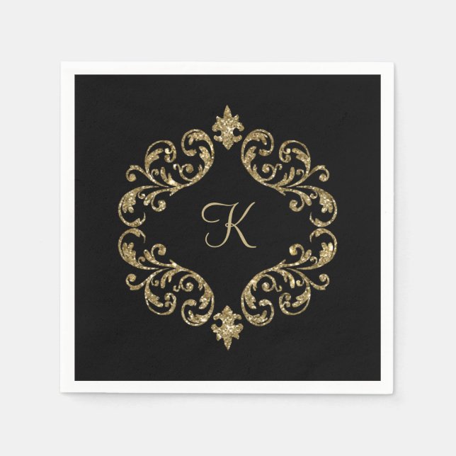 Monogram Name Black Gold  Wedding Formal Party Napkin (Front)
