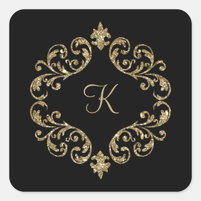 Monogram Name Black Gold  Wedding Formal Party Square Sticker (Front)