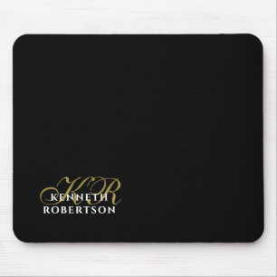 Monogram Name Black Gold White Minimalist Elegant  Mouse Mat