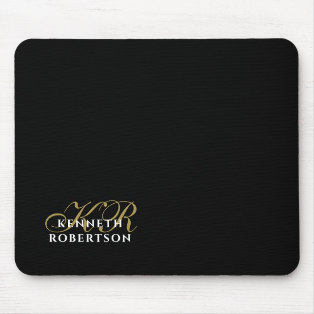 Monogram Name Black Gold White Minimalist Elegant  Mouse Mat (Front)
