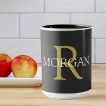 Monogram & Name, Black, Gold & White Text Mug<br><div class="desc">Personalise this black Coffee Mug with your Monogram and Name. This simple Classic Design In Gold and White Text can also be used for a Company Name and website.</div>