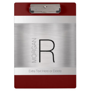 Monogram & Name Black Grey Deep Red Brushed Silver Clipboard