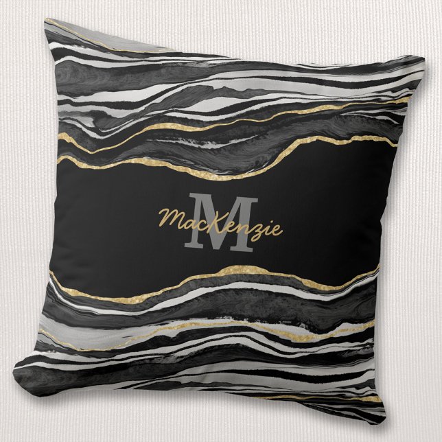 Monogram Name Black Marble Agate Gold Glitter Cushion (Creator Uploaded)