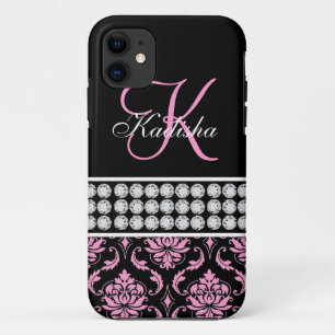 Monogram Name Black Pink Damask iPhone 5 Case