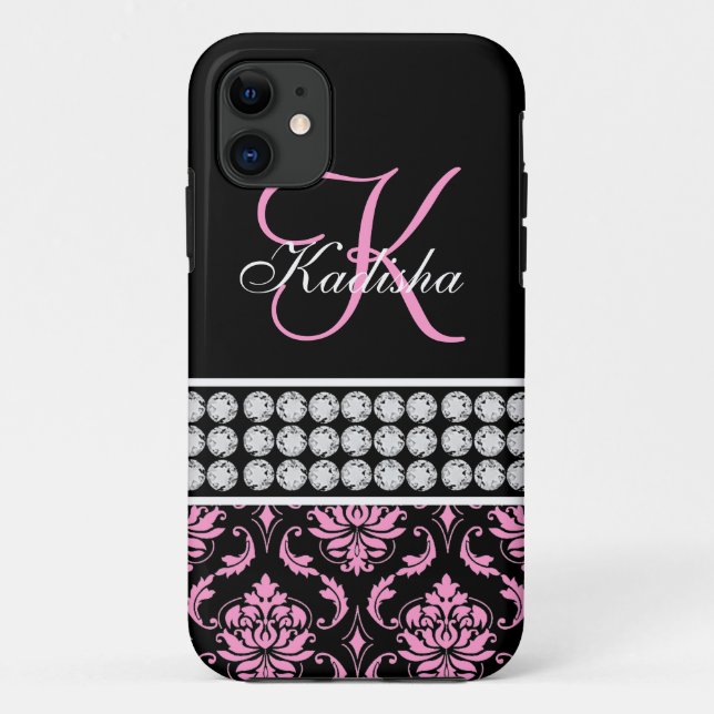 Monogram Name Black Pink Damask iPhone 5 Case (Back)