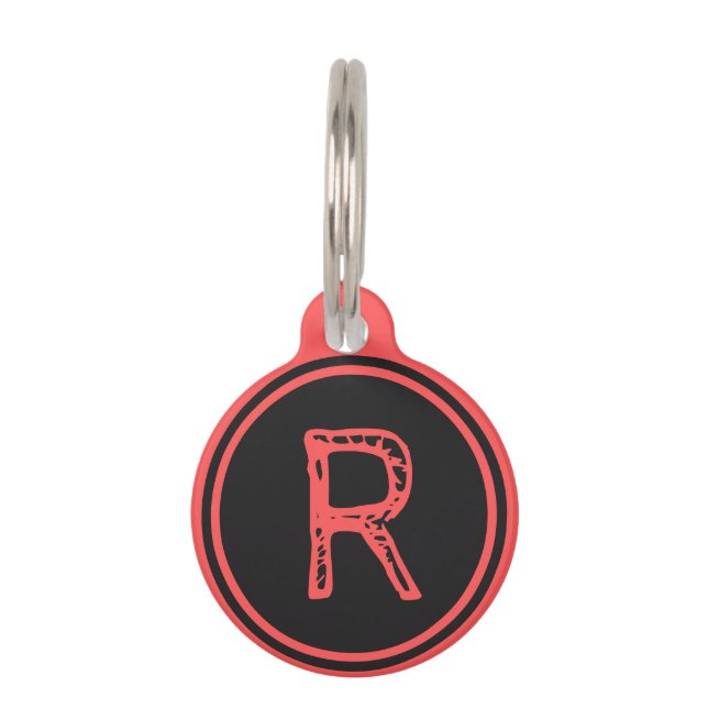 Monogram Name Black Red Circle Pet Tag (Front)