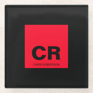Monogram Name Black Red Create Custom Gift Glass Coaster