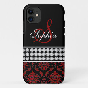 Monogram Name Black Red Damask iPhone 5 Case