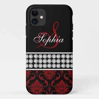 Monogram Name Black Red Damask iPhone 5 Case
