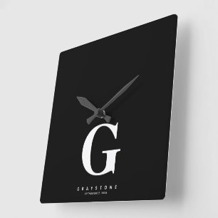 Monogram Name Black Square Wall Clock