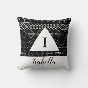 Monogram Name Black White Geometric Pattern Cushion