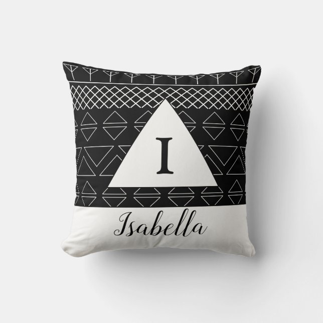 Monogram Name Black White Geometric Pattern Cushion (Front)