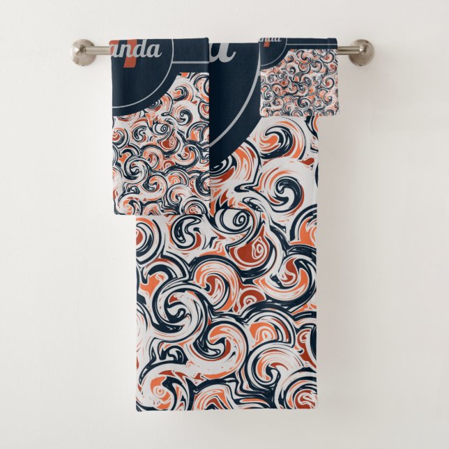 Monogram Name Black White Orange Abstract Pattern Bath Towel Set (Insitu)