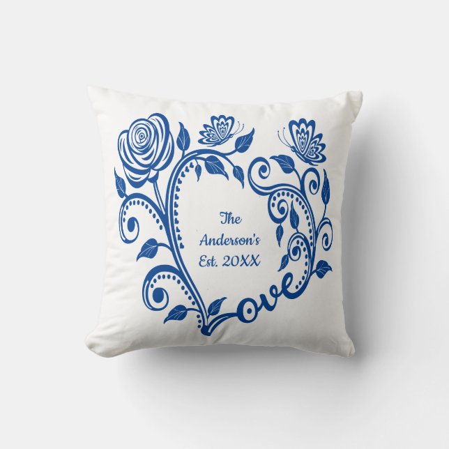 Monogram Name Blue Butterflies Flowers Love Heart Cushion (Front)