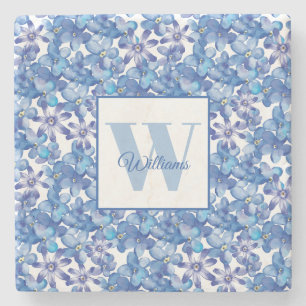 Monogram Name Blue Floral Botanical Stone Coaster