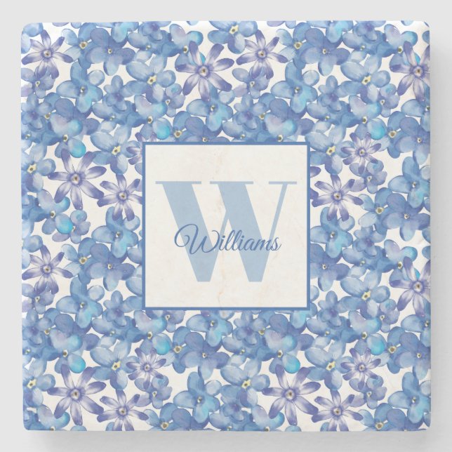 Monogram Name Blue Floral Botanical  Stone Coaster (Front)