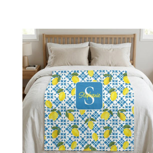 Monogram Name Blue French Tile Lemon Pattern  Fleece Blanket