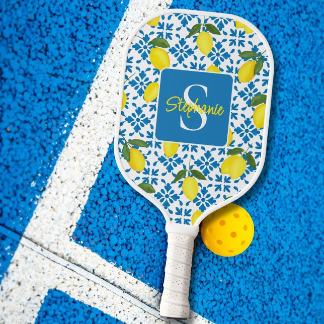 Monogram Name Blue French Tile Lemon Pattern  Pickleball Paddle (Creator Uploaded)