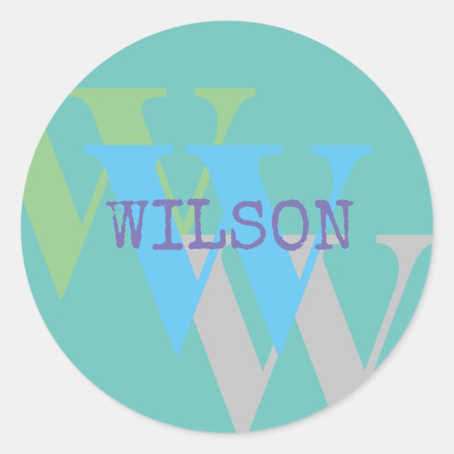 Monogram name blue grey GREEN stylish gift Classic Round Sticker (Front)
