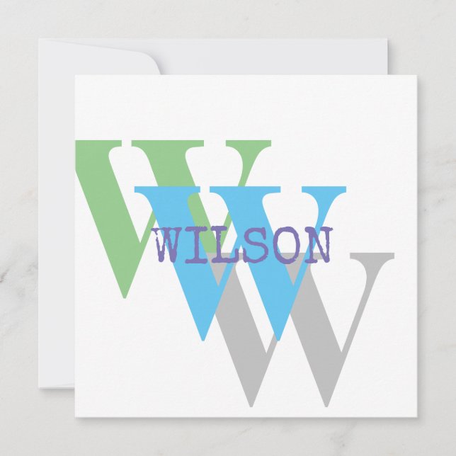 Monogram name blue grey GREEN stylish Invitation (Front)
