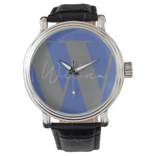 Monogram name blue grey stylish custom gift design watch