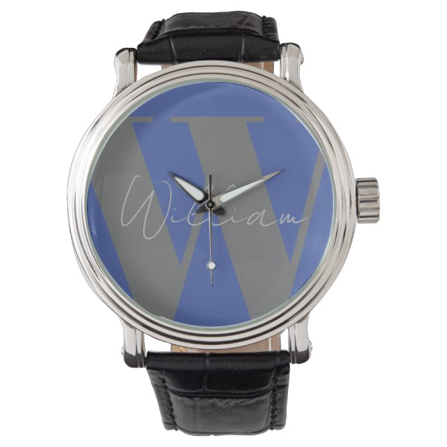 Monogram name blue grey stylish custom gift design watch (Front)