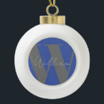 Monogram name blue grey stylish modern gift design ceramic ball christmas ornament<br><div class="desc">Monogram name blue grey stylish modern gift design minimal Christmas ornament for dad husband brother or boyfriend</div>