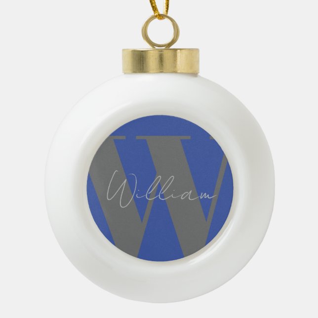 Monogram name blue grey stylish modern gift design ceramic ball christmas ornament (Front)