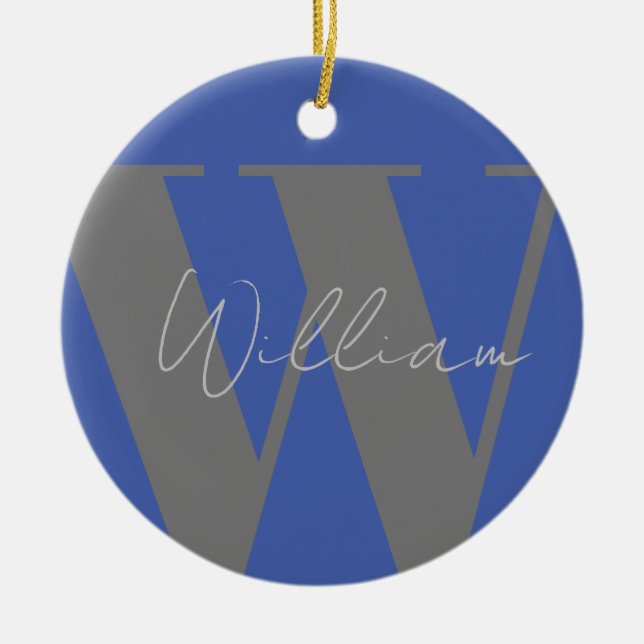 Monogram name blue grey stylish modern gift design ceramic tree decoration (Front)