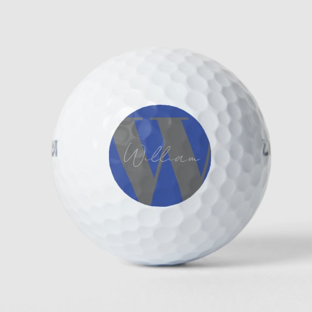 Monogram name blue grey stylish modern golf balls (Front)