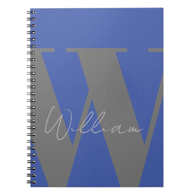 Monogram name blue grey stylish modern notebook (Front)