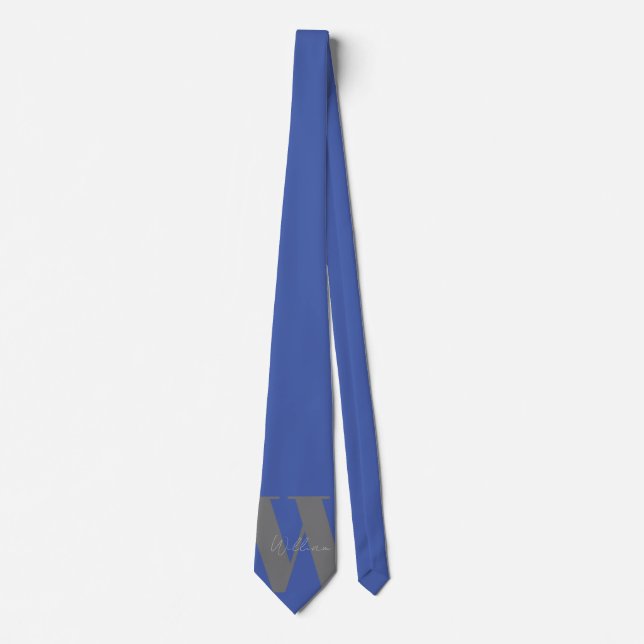 Monogram name blue grey stylish modern tie (Front)