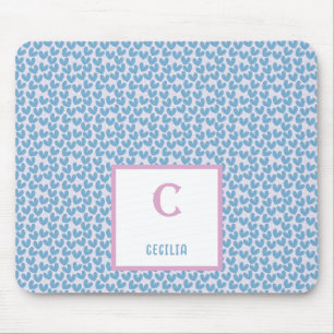 Monogram Name Blue Hearts & White Dots Pattern Mouse Mat
