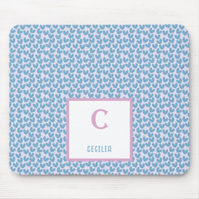 Monogram Name Blue Hearts & White Dots Pattern Mouse Mat (Front)