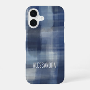 Monogram name blue navy watercolor plaid tartan iPhone 16 case