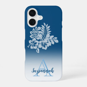 Monogram Name Blue Ombre Tropical Hibiscus Flowers iPhone 16 Case