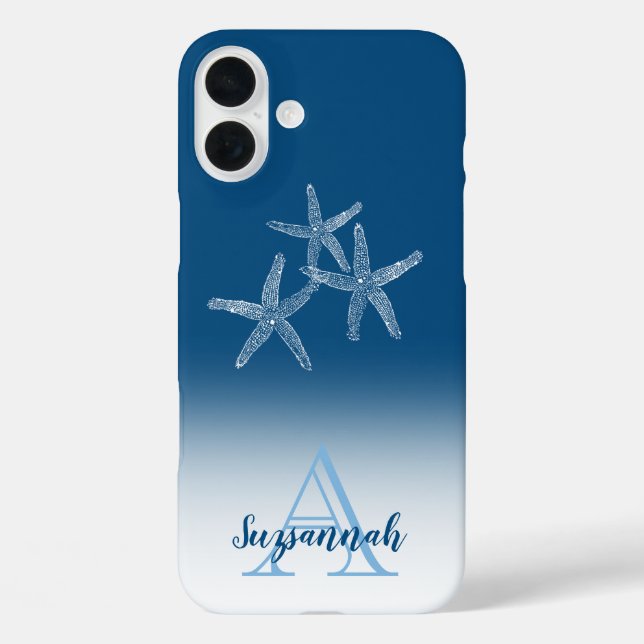 Monogram Name Blue Ombre Tropical Starfish Case-Mate iPhone Case (Back)