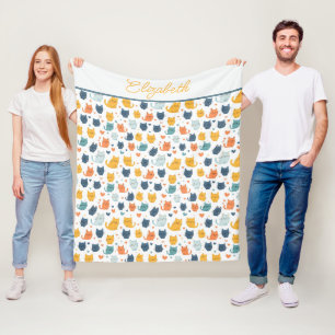 Monogram Name Blue Orange Yellow Cute Cats  Fleece Blanket