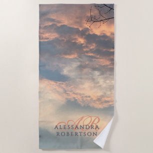 Monogram Name Blue Peach Summer Sky Clouds Sunset Beach Towel
