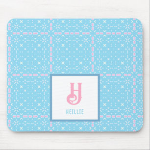 Monogram Name Blue & Pink Elements Pattern Mouse Mat