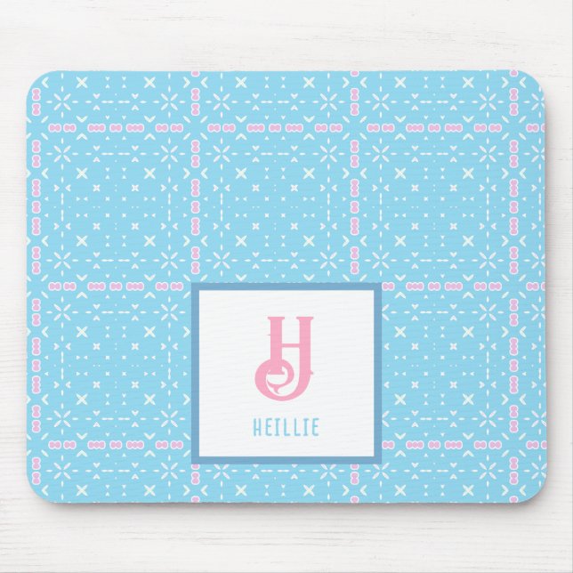 Monogram Name Blue & Pink Elements Pattern Mouse Mat (Front)