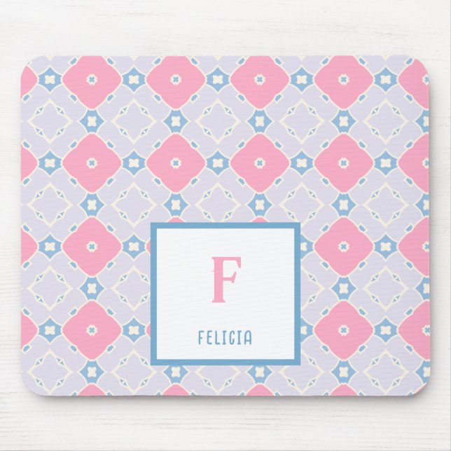 Monogram Name Blue & Pink Flowers Pattern Mouse Mat (Front)