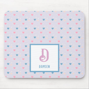 Monogram Name Blue & Pink Hearts Pattern Mouse Pad