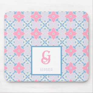 Monogram Name Blue & Pink Stars Pattern Mouse Pad
