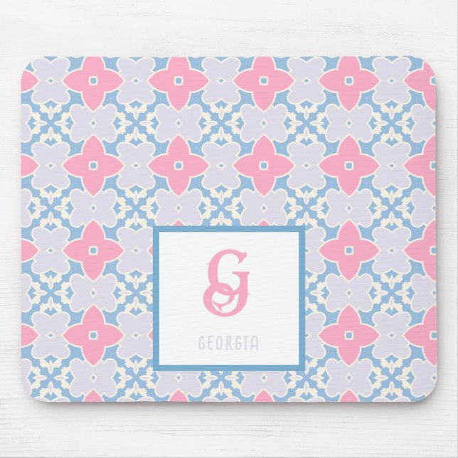 Monogram Name Blue & Pink Stars Pattern Mouse Pad (Front)