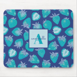 Monogram Name Blue Summer Strawberry Pattern Mouse Mat